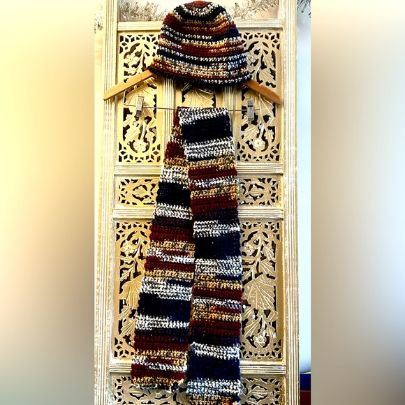 Handmade Accessories - Elegant Blue Burgundy Cream Yellow Crochet Scarf and Hat Set handmade preppy